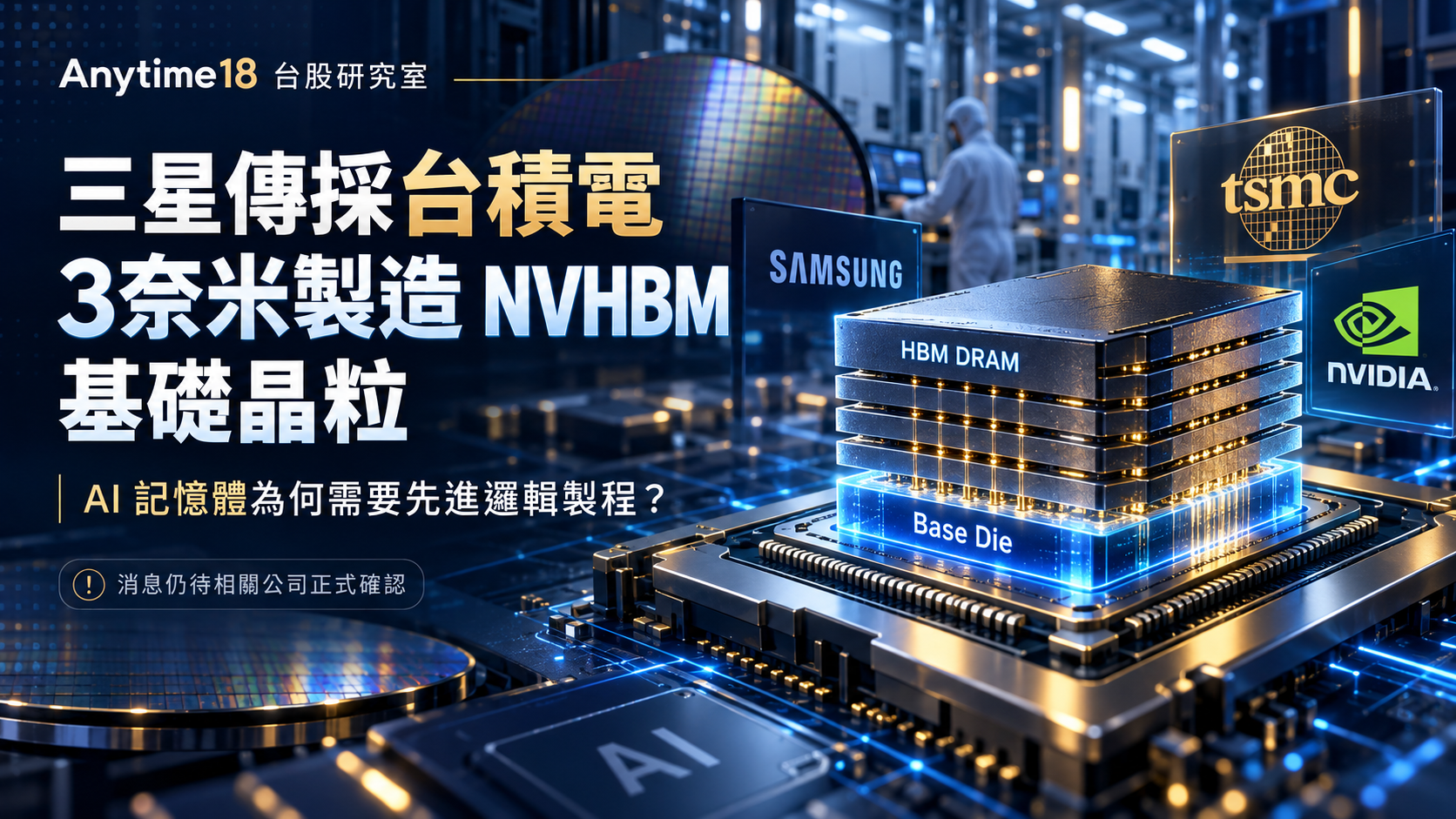 三星傳採台積電3奈米製造NVHBM基礎晶粒，AI記憶體與Base Die先進製程研究，合作消息尚待官方確認