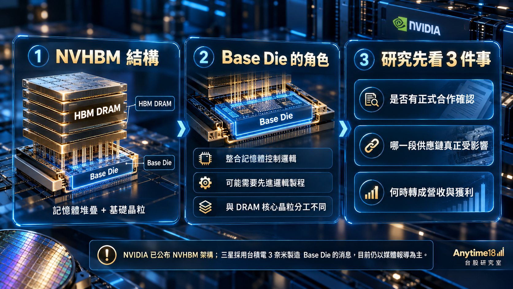 NVHBM技術研究圖解：HBM DRAM堆疊、Base Die記憶體控制邏輯與三個供應鏈研究訊號