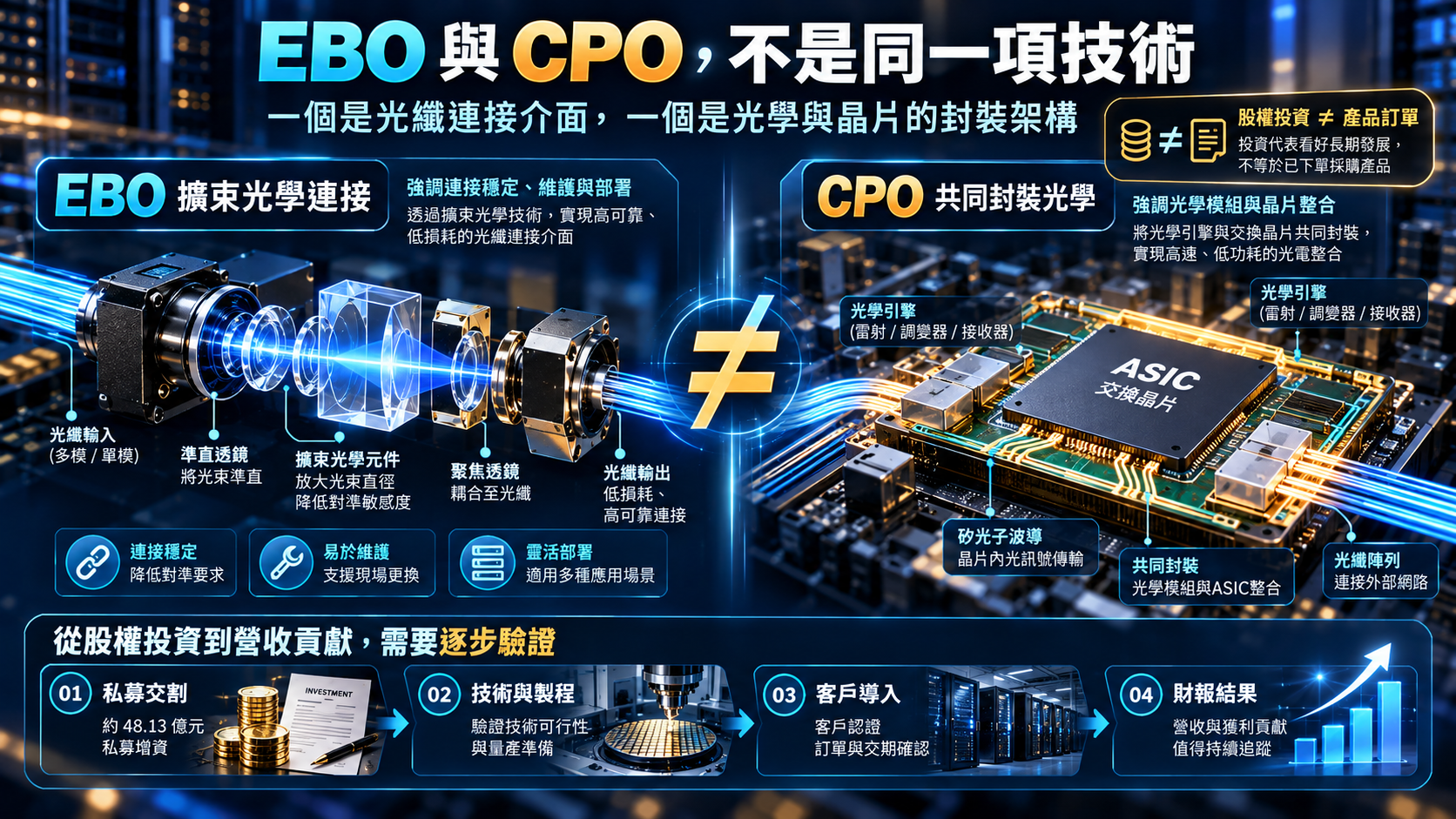 EBO擴束光學與CPO共封裝光學的應用差異：光纖連接、光學整合與從客戶驗證到量產營收的研究流程