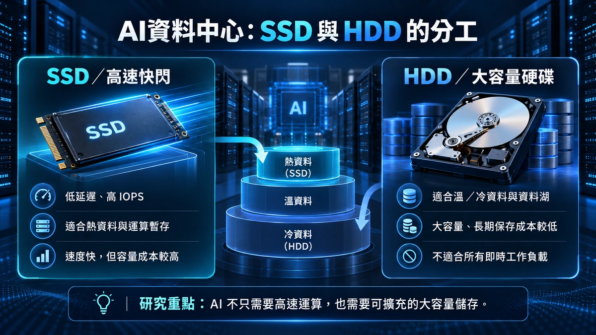 AI 資料中心分層儲存：SSD 適合低延遲及高 IOPS 熱資料，HDD 適合大容量資料保存與資料湖