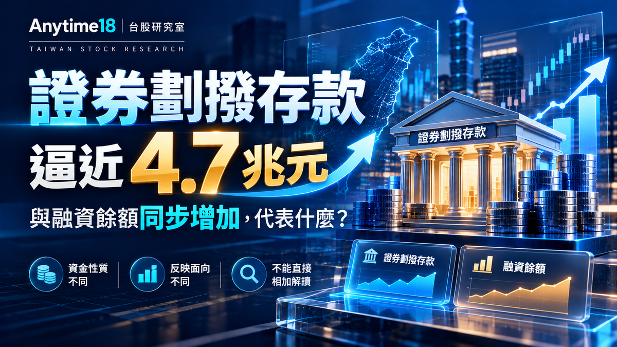 Anytime18 台股研究室市場觀察封面，原始設計以深藍金融科技場景、金色立體4.7兆元字樣、證券劃撥存款與融資餘額研究概念，呈現2026年9月底證券劃撥存款資金水位。