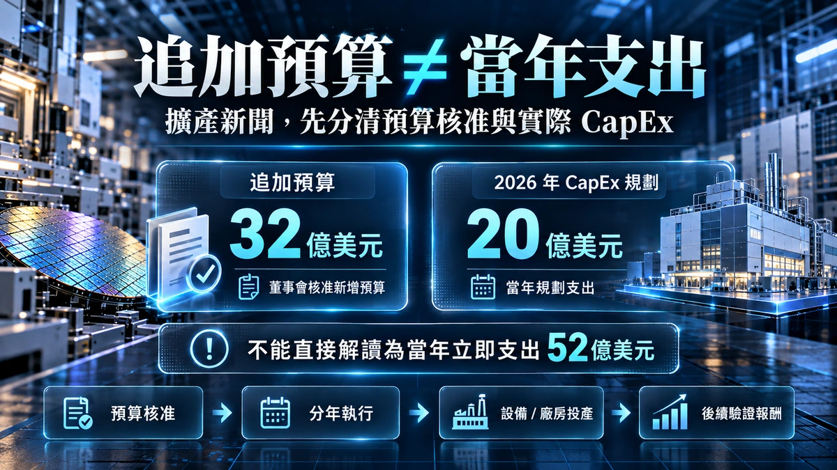 聯電擴產研究圖,比較追加預算32億美元與2026年資本支出規劃20億美元,並提醒不能視為當年立即支出52億美元